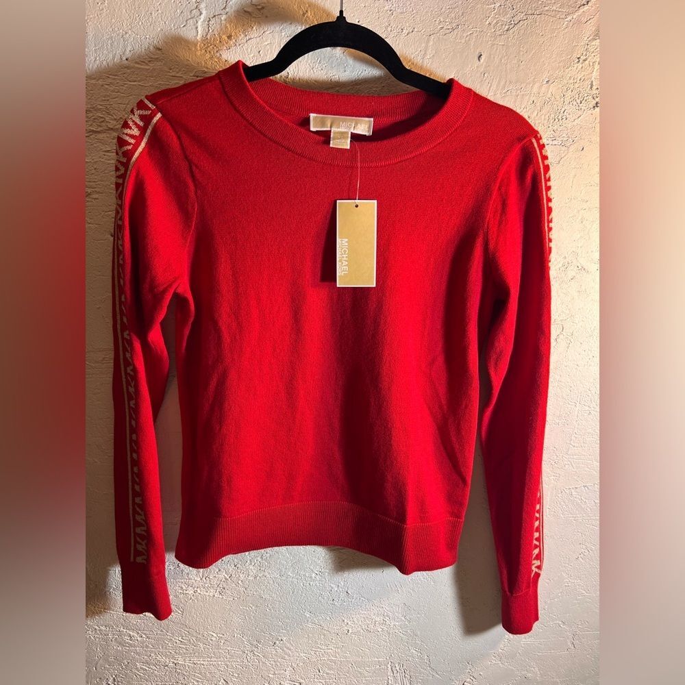 Michael Kors NWT Red Crew Neck Sweater gold metallic logo ski holiday
